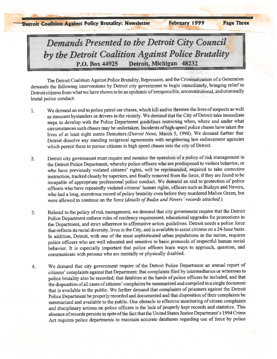 DCAPB Demands To City Council In Newsletter (Feb. 1999).pdf · Crackdown ...