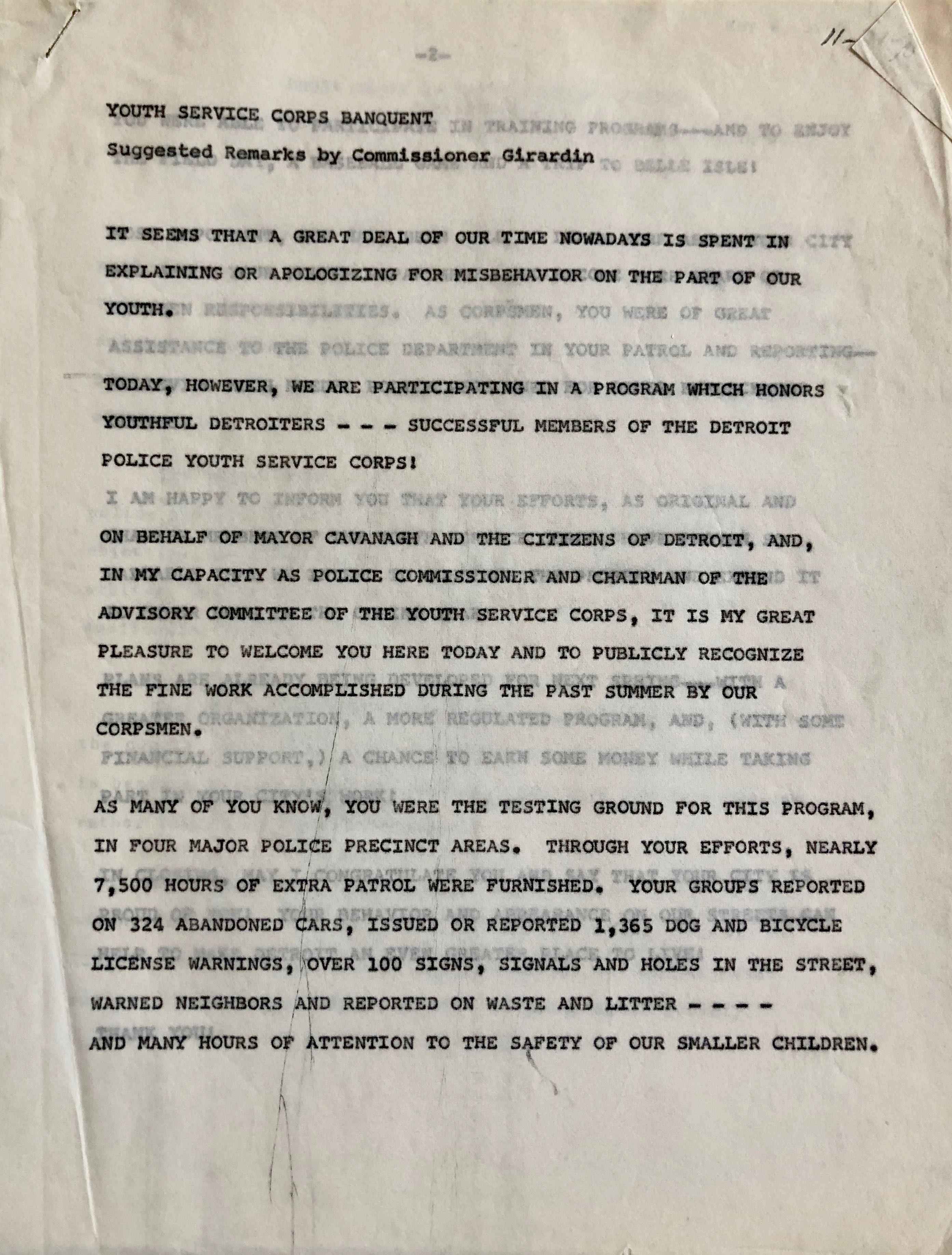 Detroit Under Fire Police Violence Crime Politics And The Struggle For Racial Justice In The Civil Rights Era Girardin Speech At Youth Service Corps Banquet Page 1 Omeka Beta Service