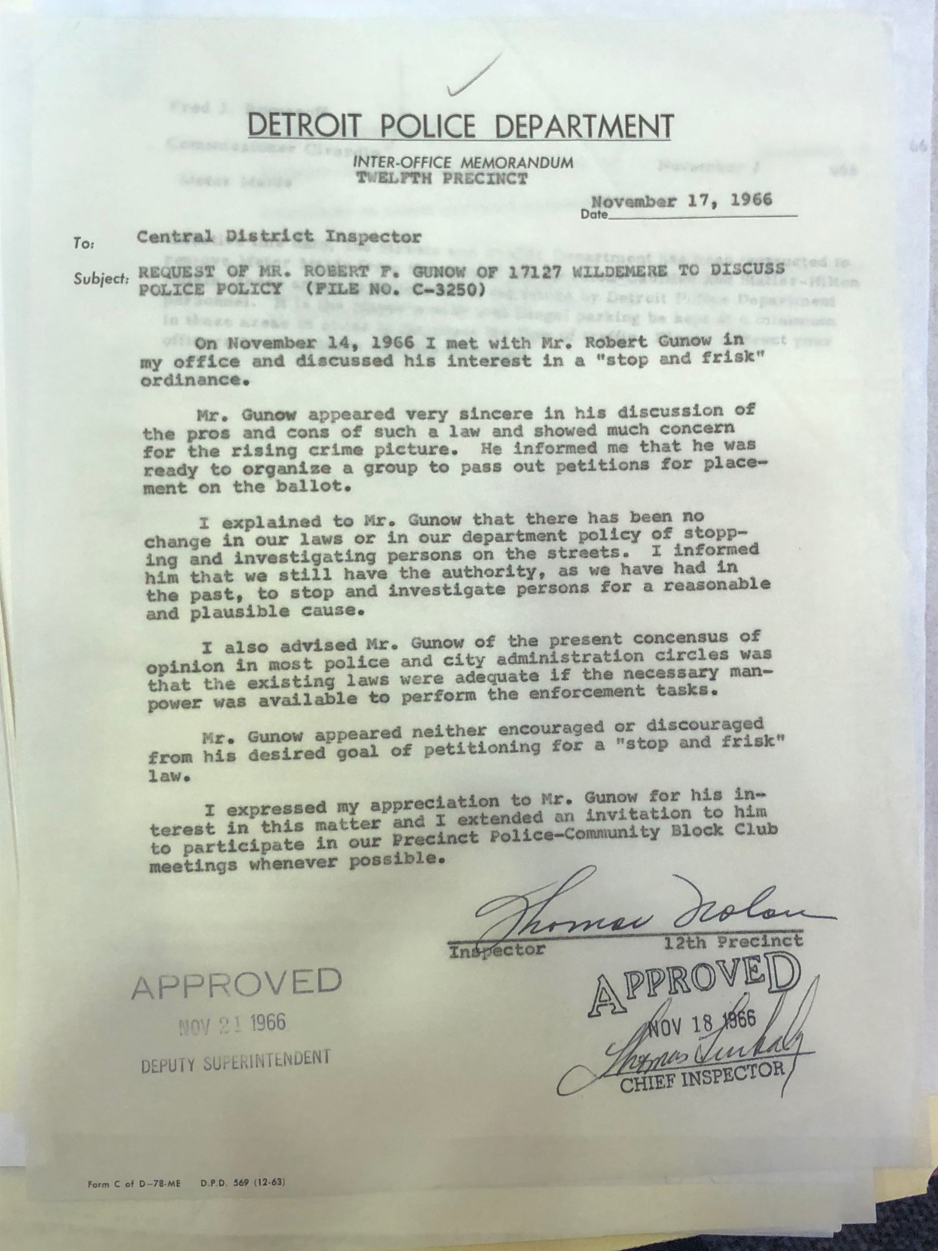 Memo About Meeting With Citizen About Stop And Frisk 1966 · Crackdown Policing Detroit 4163